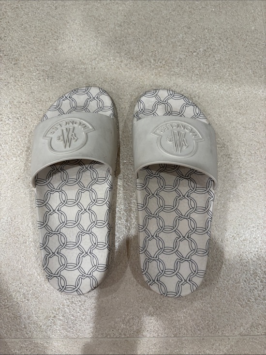 Moncler Shoes - Moncler Light Gray Embossed Logo Slide Sandals